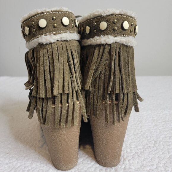 Sam Edelman Sz 10 Boho Retro Green Suede Fringe Stud Sherpa Cottagecore Booties - Picture 4 of 11
